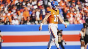 Denver Broncos QB Bo Nix on the field during a game vs. the Raiders.