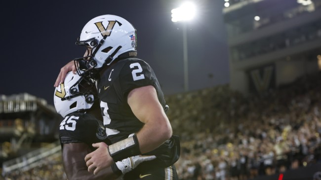 Vanderbilt QB Diego Pavia celebrates after scoring a touchdown.