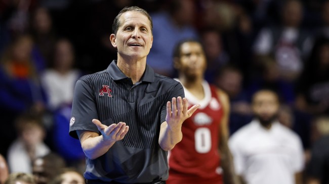 Arkansas basketball coach Eric Musselman reacts on the sidelines.