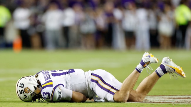 LSU QB Garrett Nussmeier on the ground during a game vs. the Texas A&M Aggies.