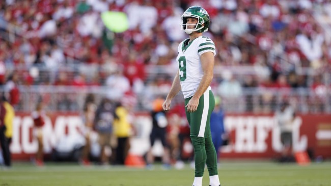 New York Jets kicker Greg Zuerlein lines up a field goal attempt.