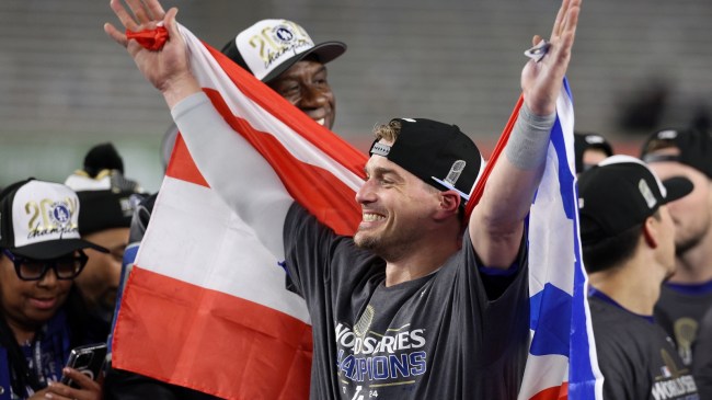 Los Angeles Dodgers player Kike Hernandez celebrates a World Series win.