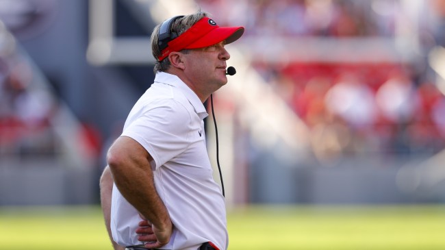 Georgia football coach Kirby Smart looks on from the sidelines.