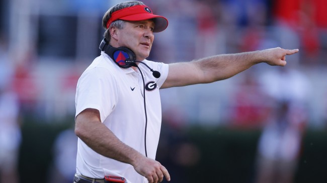 Georgia football coach Kirby Smart reacts on the sidelines.