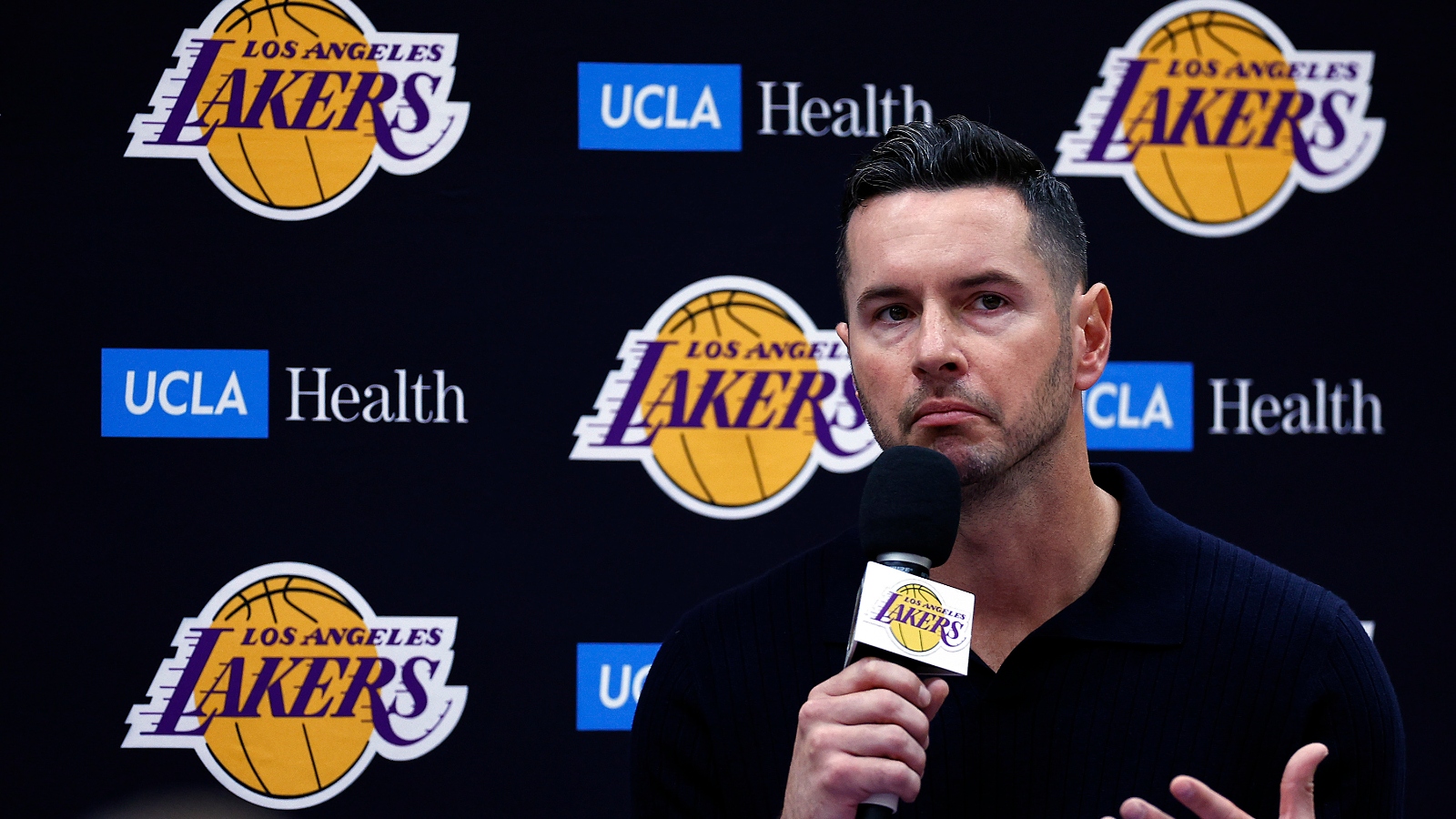 Los Angeles Lakers new head coach JJ Reddick speaking to the media