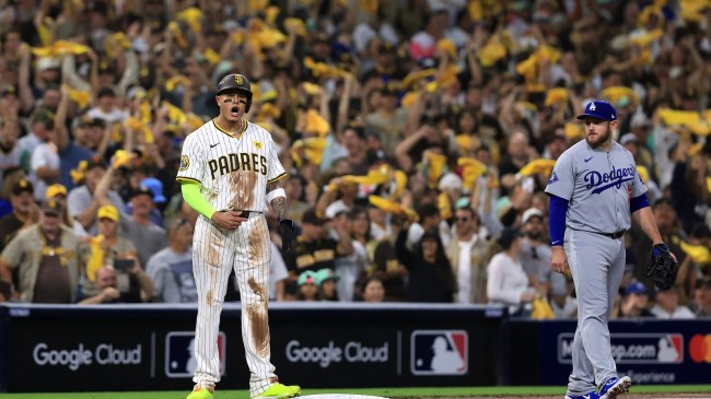 Manny Machado celebrates during an NLDS game between the Padres and Dodgers.