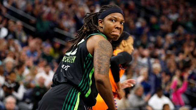 Myisha Hines-Allen on the court during a WNBA Playoff game between the Lynx and Sun.