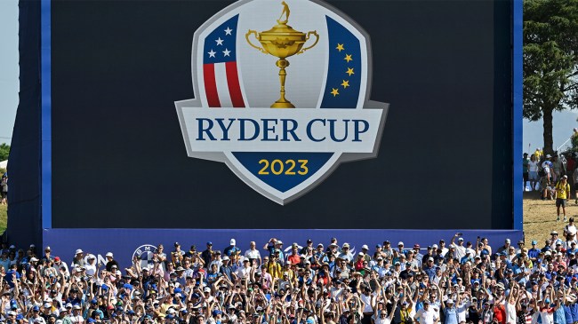 Crowd in front of 2023 Ryder Cup logo