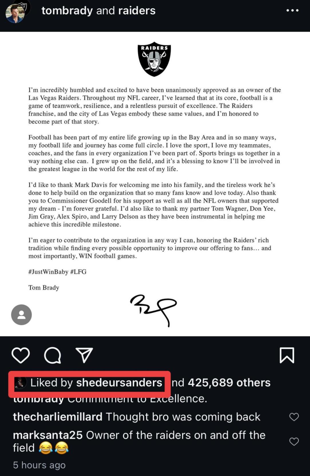 Shedeur Sanders Tom Brady Las Vegas Raiders