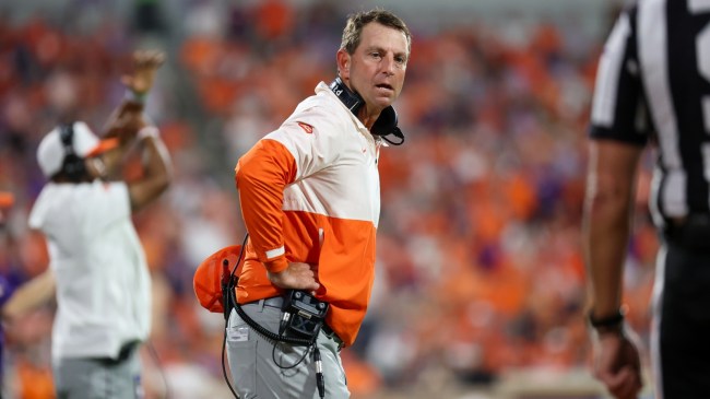 Clemson football coach Dabo Swinney reacts on the sidelines.