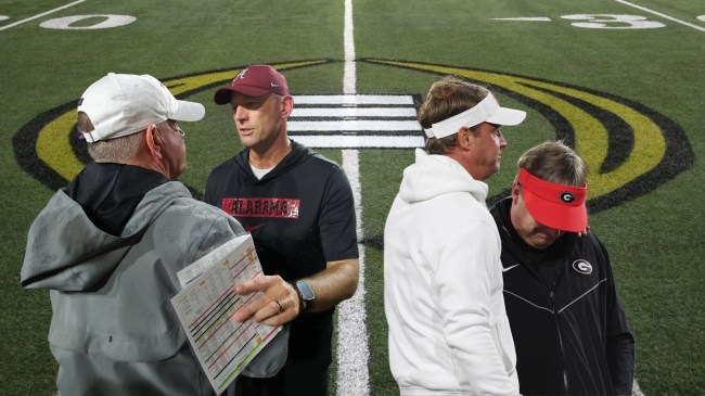 SEC coaches pictured over a background of a College Football Playoff logo.