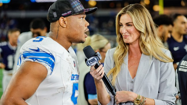 Fox sideline reporter Erin Andrews interviews Detroit Lions running back David Montgomery