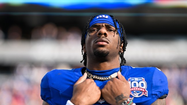 New York Giants WR Malik Nabers on the field before a game.