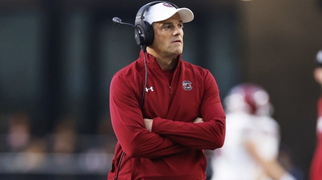 South Carolina football coach Shane Beamer on the sidelines during a game.