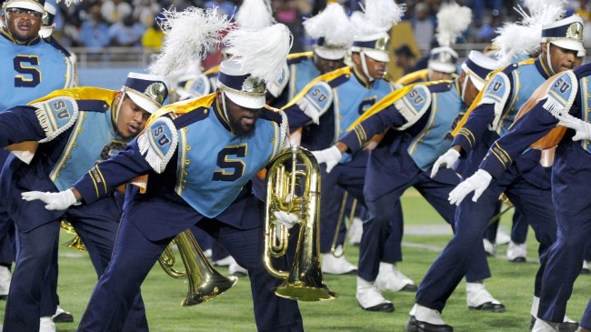 The Southern band performs on the field.