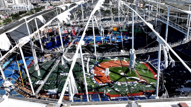 aerial view of the roof of Tropicana Field in tatters