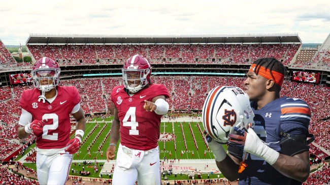 Alabama and Auburn players pictured over a background of Bryant-Denny Stadium.