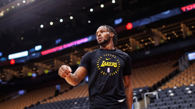 Bronny James warms up for the Los Angeles Lakers.