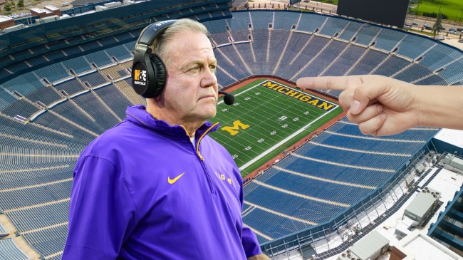 LSU football coach Brian Kelly pictured over a background of Michigan Stadium.