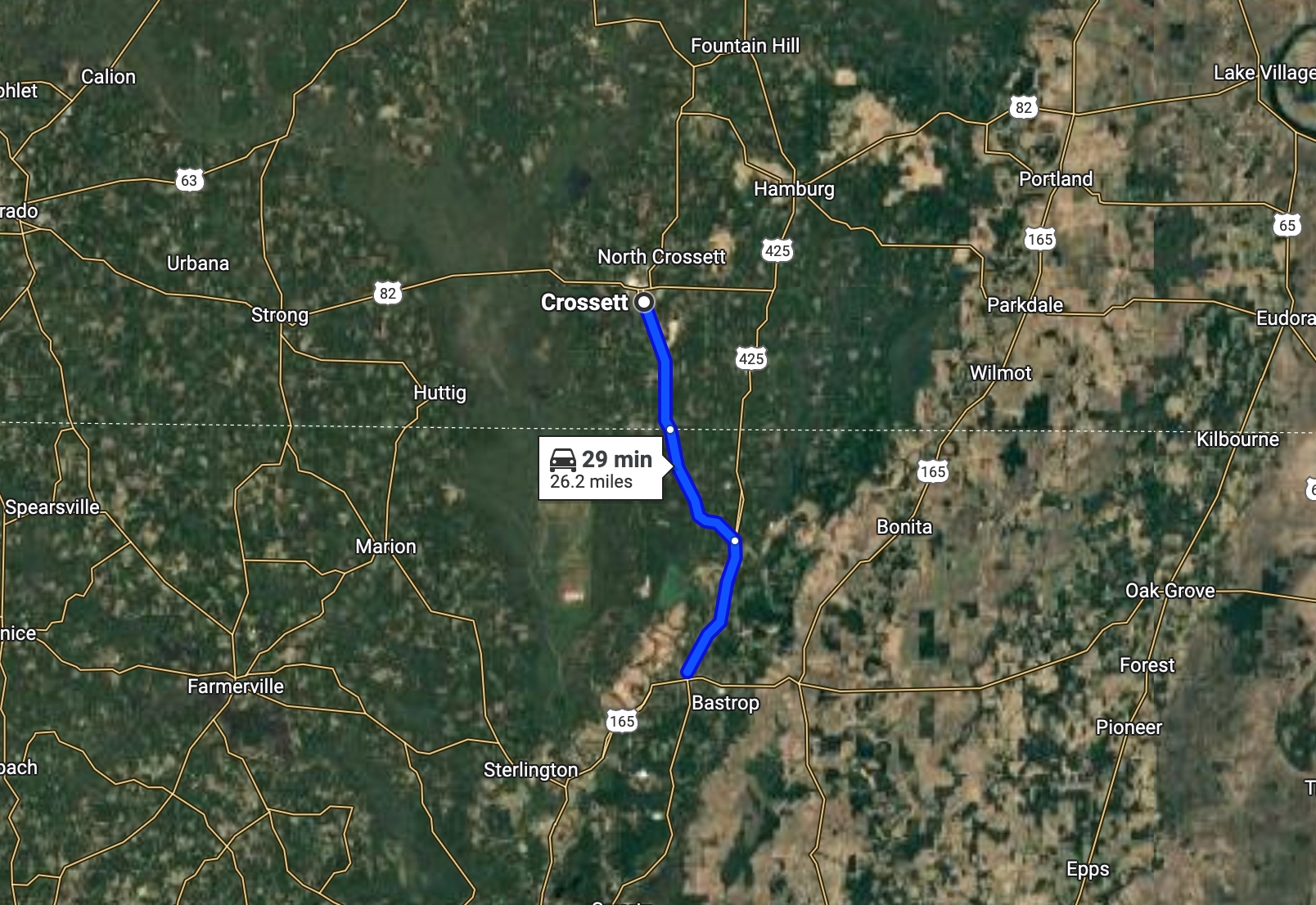 directions from Crossett, Arkansas to Bastrop, Louisiana