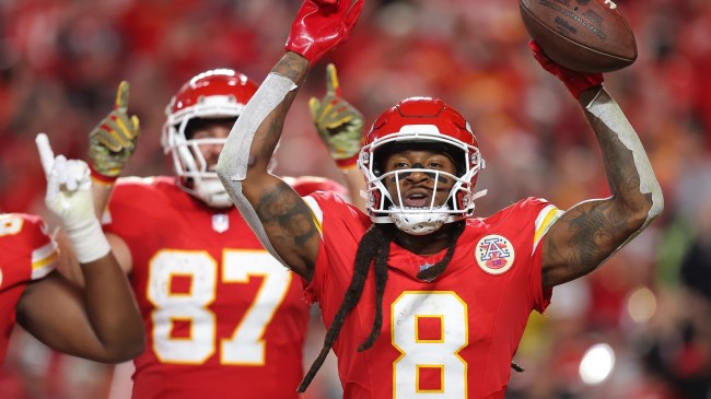 Chiefs WR DeAndre Hopkins celebrates a touchdown catch.