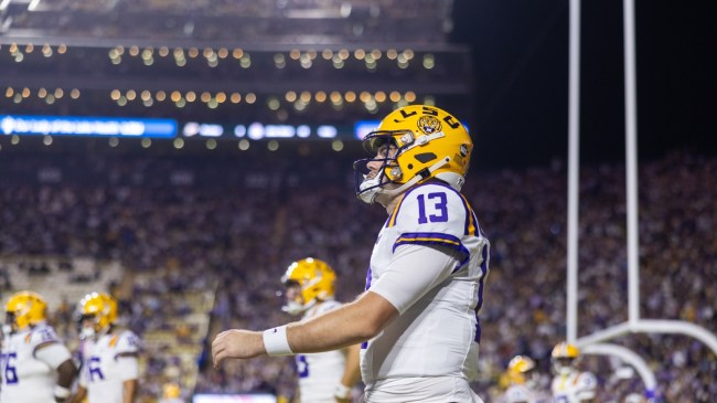 LSU QB Garrett Nussmeier on the field before a game against Alabama.