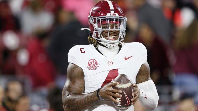 Jalen Milroe on the field before an Alabama football game.