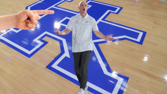 Dan Hurley pictured over a Kentucky basketball logo.