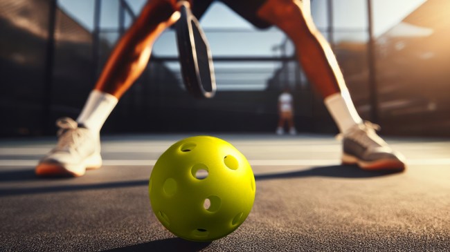 A stock image of a pickleball player on the court.