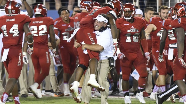 Florida Atlantic defensive coordinator Roc Bellantoni celebrates with his team.