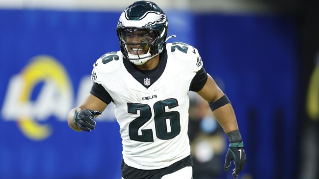 Philadelphia Eagles RB Saquon Barkley celebrates during a game against the Rams.