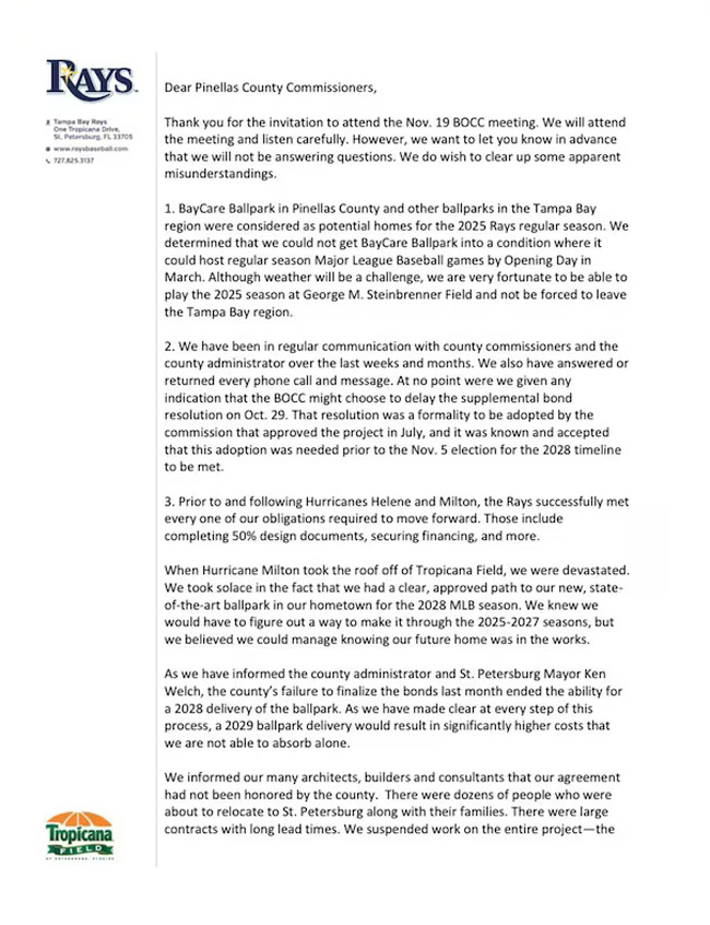 tampa bay rays letter to commissioners