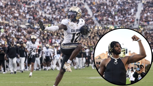 Travis Hunter and Shedeur Sanders pose at Colorado football games.