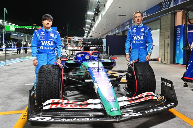 LAS VEGAS, NEVADA - NOVEMBER 20: Yuki Tsunoda of Japan and Visa Cash App RB and Liam Lawson of New Zealand and Visa Cash App RB unveil the special edition livery of their car during previews ahead of the F1 Grand Prix of Las Vegas at Las Vegas Strip Circuit on November 20, 2024 in Las Vegas, Nevada.