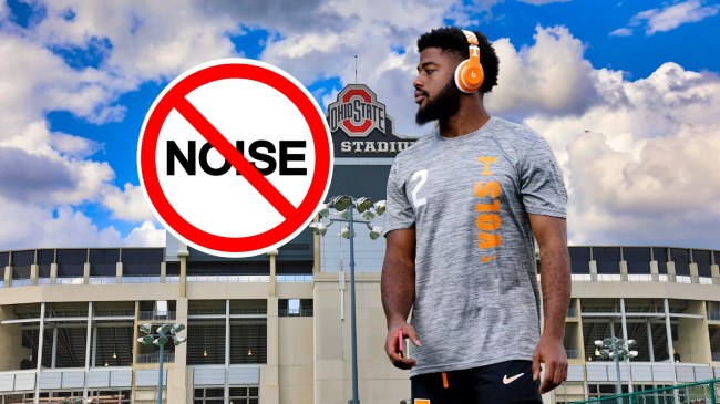 Tennessee safety Andre Turrentine pictured over a background of Ohio Stadium.