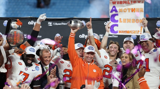 The Clemson Tigers celebrate a win in the ACC Championship game against SMU.