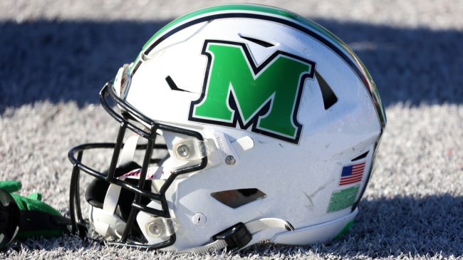 A Marshall football helmet on the field.