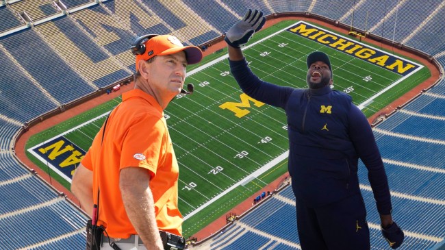 Clemson football coach Dabo Swinney pictured beside Michigan football coach Sherrone Moore.