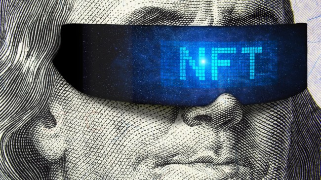 NFT token and money Franklin on 100 dollar bill with cyber glasses