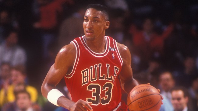 Scottie Pippen 33 of the Chicago Bulls dribbles up court during game in December 1991
