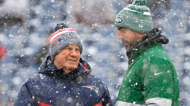 aaron rodgers and bill belichick in the snow