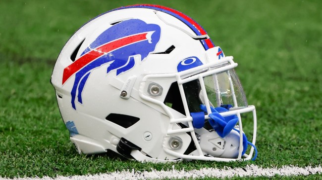 A Buffalo Bills helmet on the field.