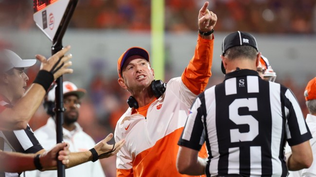 Dabo Swinney pleads his case to a referee during a Clemson football game.