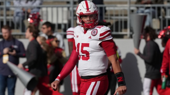 Nebraska QB Dylan Raiola walks onto the field.