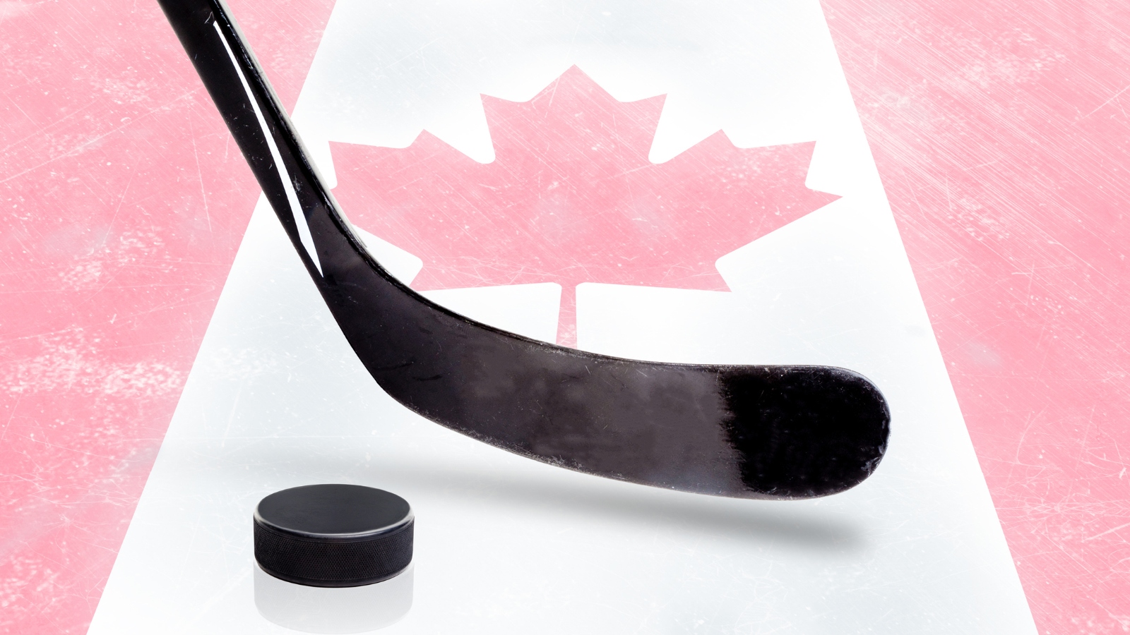 hockey stick and puck on top of Canadian flag