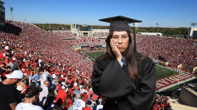 A college graduate pictured over a background of Indiana football's Memorial Stadium.