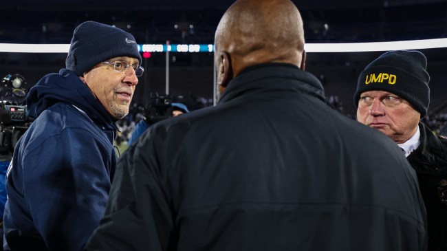 Penn State football coach James Franklin shakes Maryland coach Mike Locksley's hand after a game.