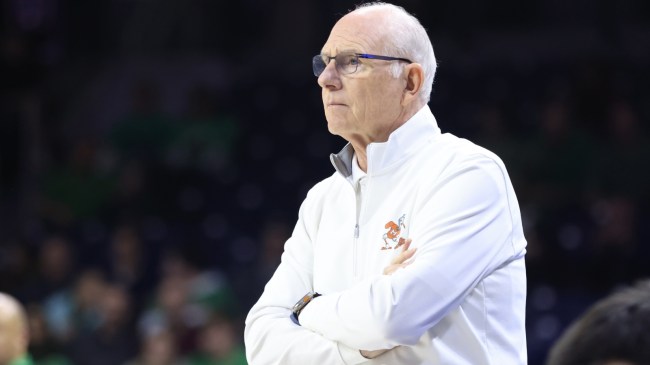 Miami basketball coach Jim Larranaga on the bench.