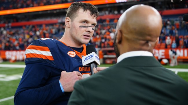 Syracuse QB Kyle McCord speaks after a game.