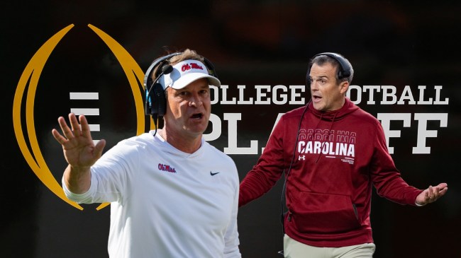 Ole Miss football coach Lane Kiffin pictured next to South Carolina football coach Shane Beamer.